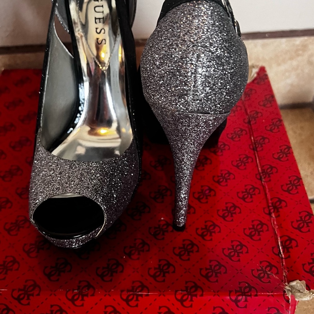 Guess Women's Glitter Peep Toe Heels - Silver